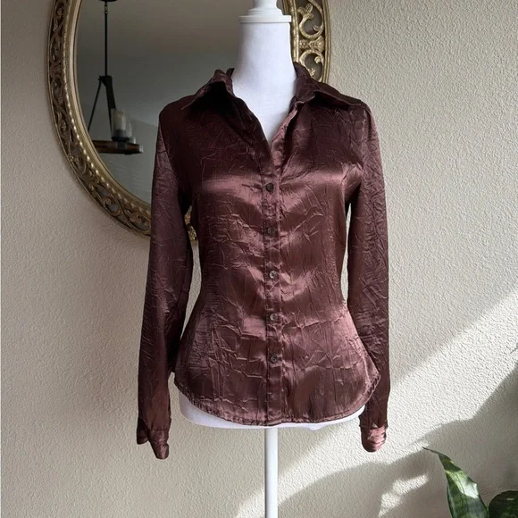Anxiety Silk Brown Button up Blouse - Picture 1 of 5